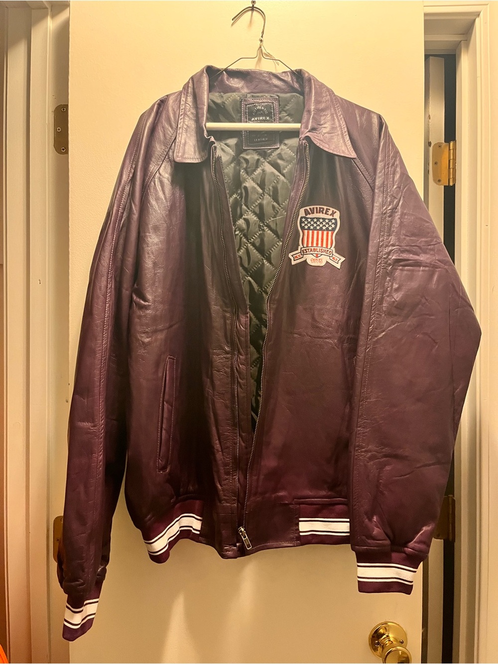 Avirex Purple Leather Bomber Jacket with Striped Ribbing